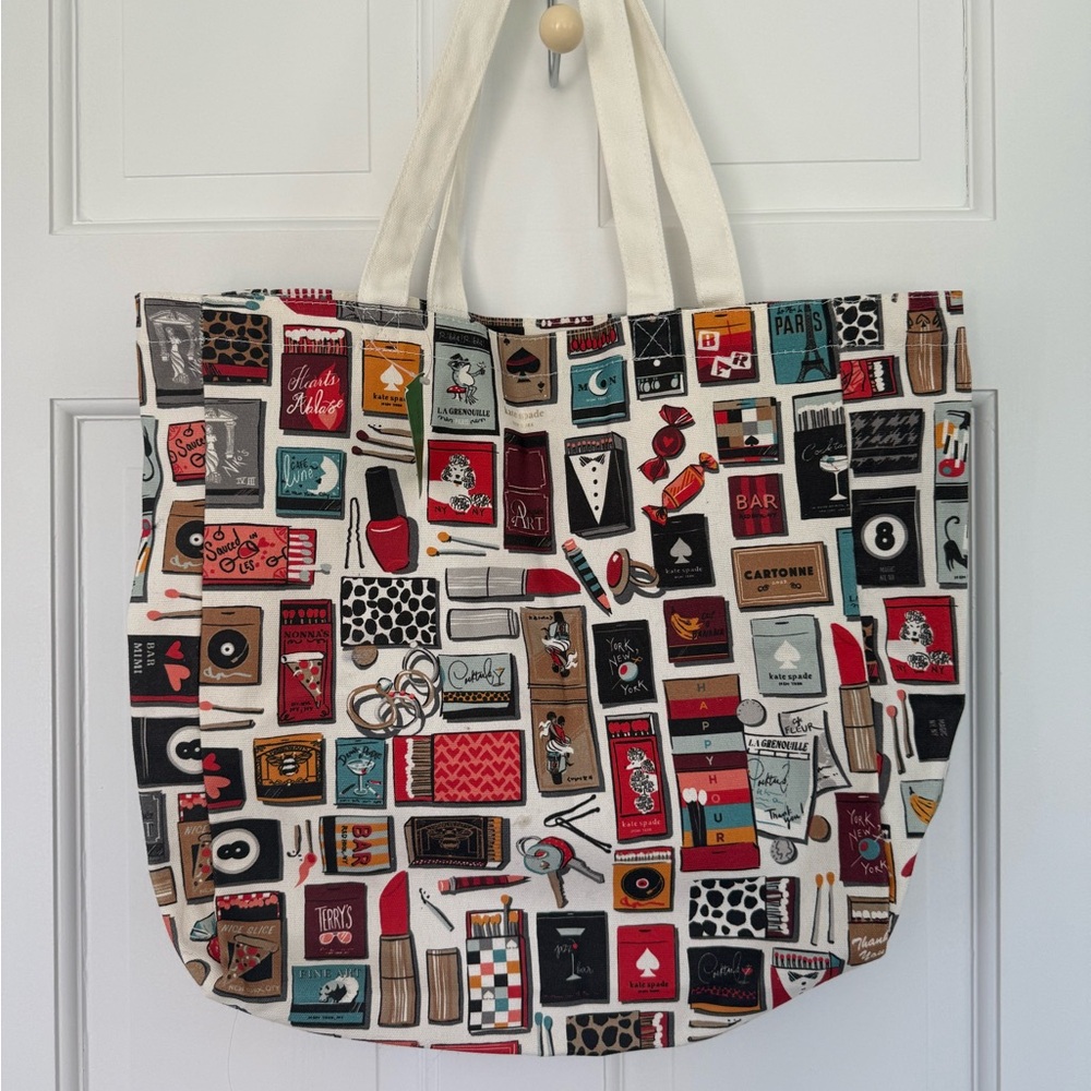 kate spade Multicolor Printed Canvas Tote with Cream Straps